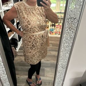 ABLE Sequin shift Embellished Dress in Gold sequin with velvet tie NEW